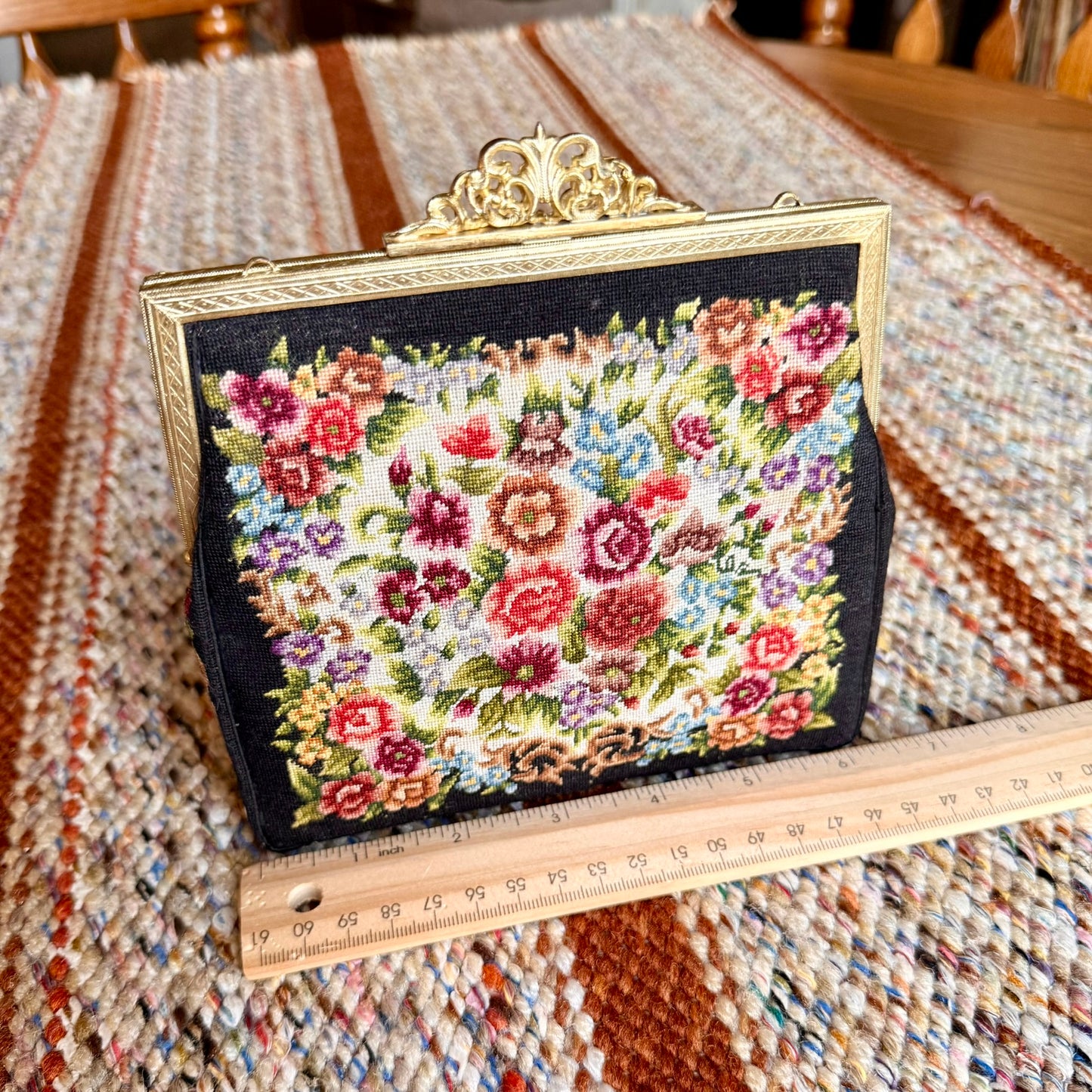 Vintage Petit Point Micro Needlepoint Floral Tapestry Clutch Evening Bag