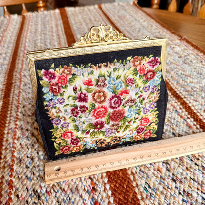 Vintage Petit Point Micro Needlepoint Floral Tapestry Clutch Evening Bag