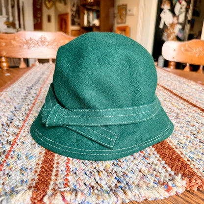 Vintage Wool Felt Cloche Derby Hat with Bow Embellishment