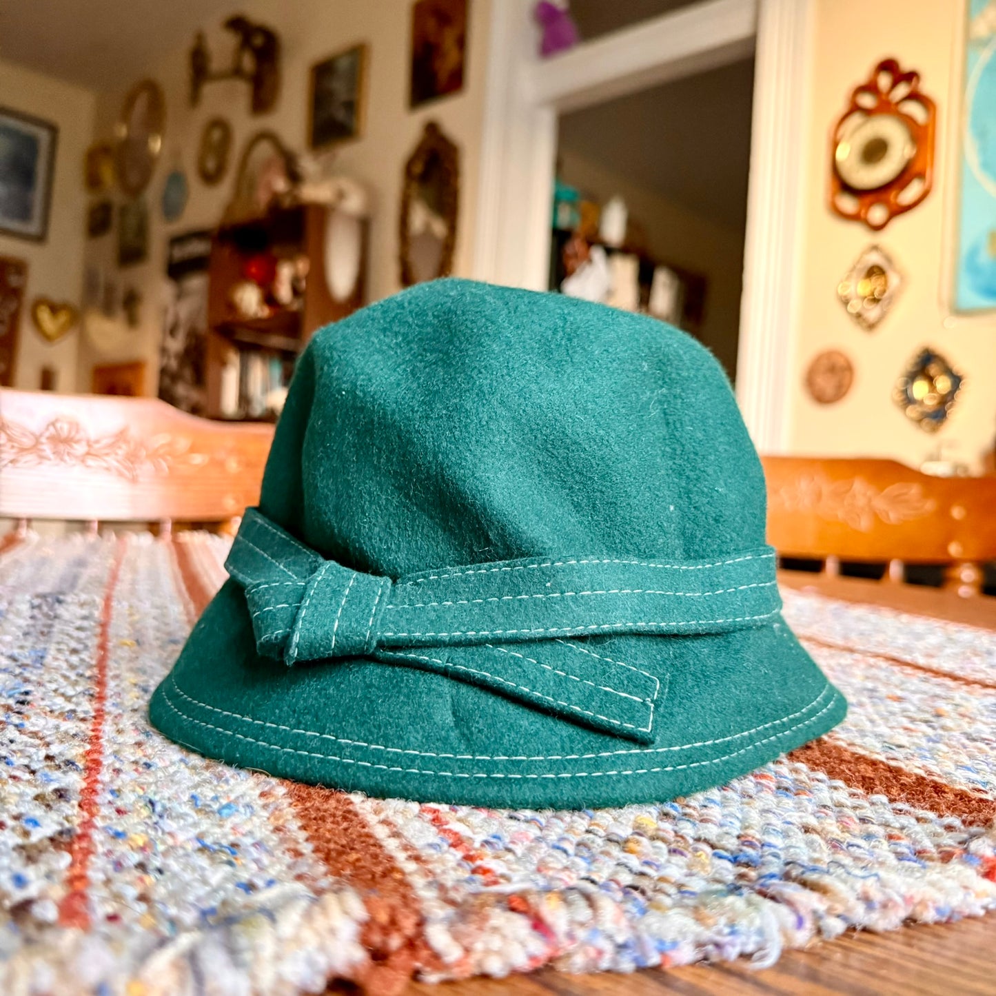 Vintage Wool Felt Cloche Derby Hat with Bow Embellishment