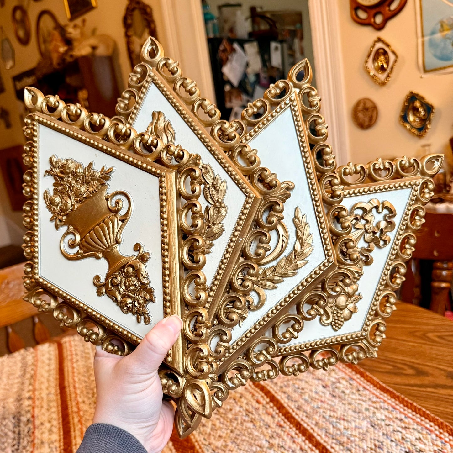 Set of 4 Vintage Hollywood Regency Homco Diamond Floral and Gold Ornate Baroque Wall Plaques