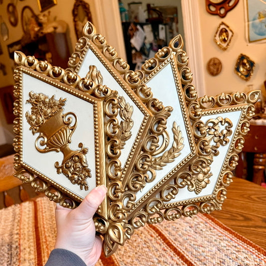 Set of 4 Vintage Hollywood Regency Homco Diamond Floral and Gold Ornate Baroque Wall Plaques