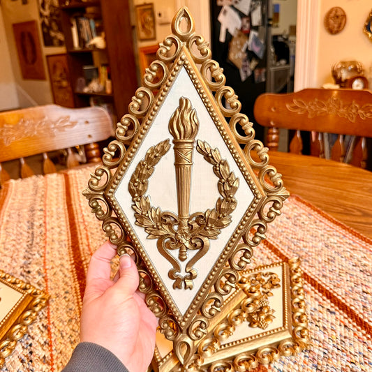 Set of 4 Vintage Hollywood Regency Homco Diamond Floral and Gold Ornate Baroque Wall Plaques