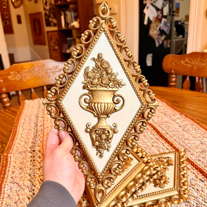 Set of 4 Vintage Hollywood Regency Homco Diamond Floral and Gold Ornate Baroque Wall Plaques
