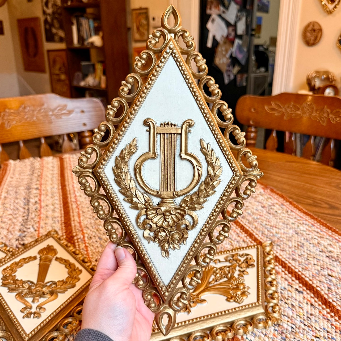 Set of 4 Vintage Hollywood Regency Homco Diamond Floral and Gold Ornate Baroque Wall Plaques