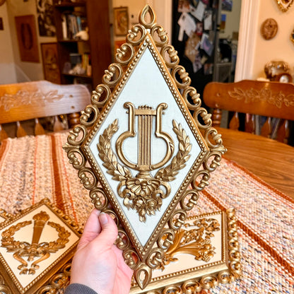 Set of 4 Vintage Hollywood Regency Homco Diamond Floral and Gold Ornate Baroque Wall Plaques