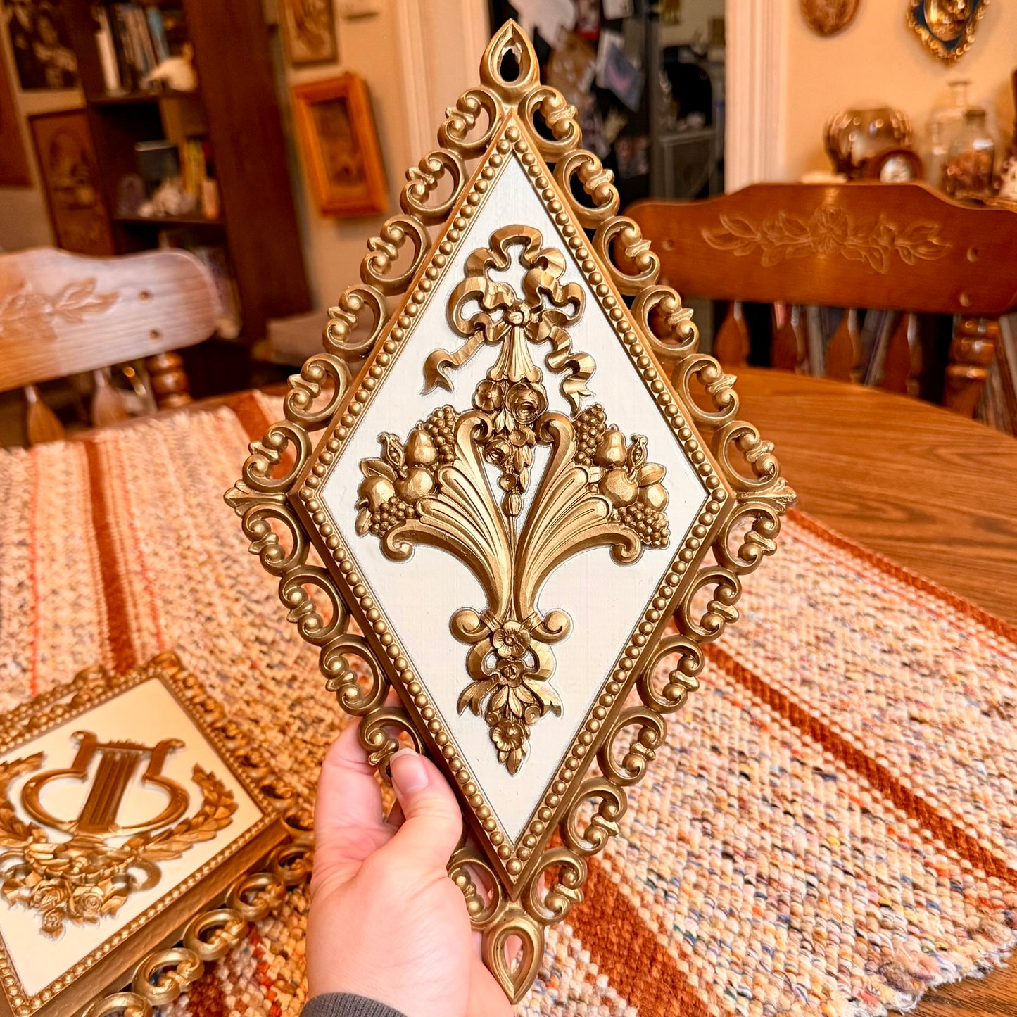 Set of 4 Vintage Hollywood Regency Homco Diamond Floral and Gold Ornate Baroque Wall Plaques