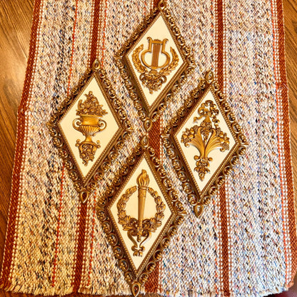 Set of 4 Vintage Hollywood Regency Homco Diamond Floral and Gold Ornate Baroque Wall Plaques