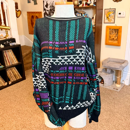 Vintage 80s Geometric Plaid Video Game Style Weeds Grandpa Sweater