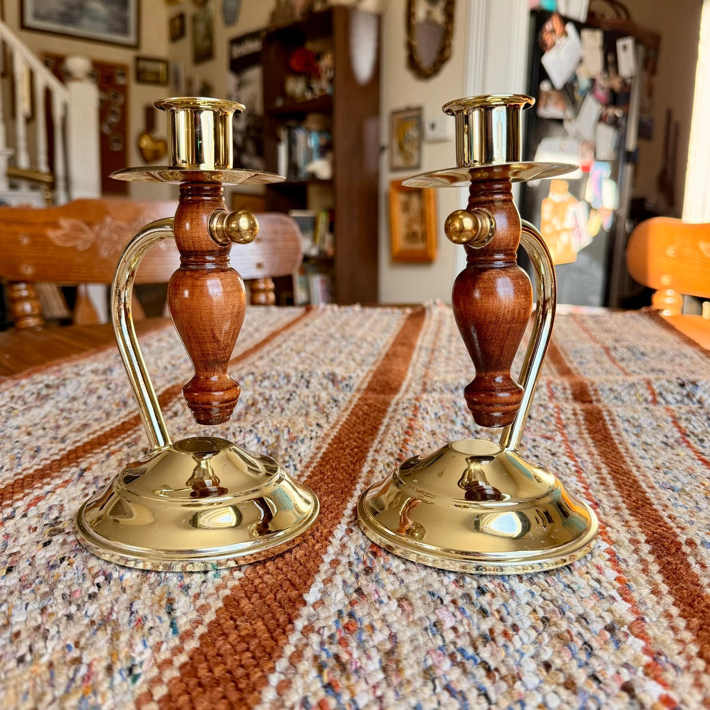 Set of Two Vintage Home Interiors Lady Gimble Wood and Brass Candlestick Holders