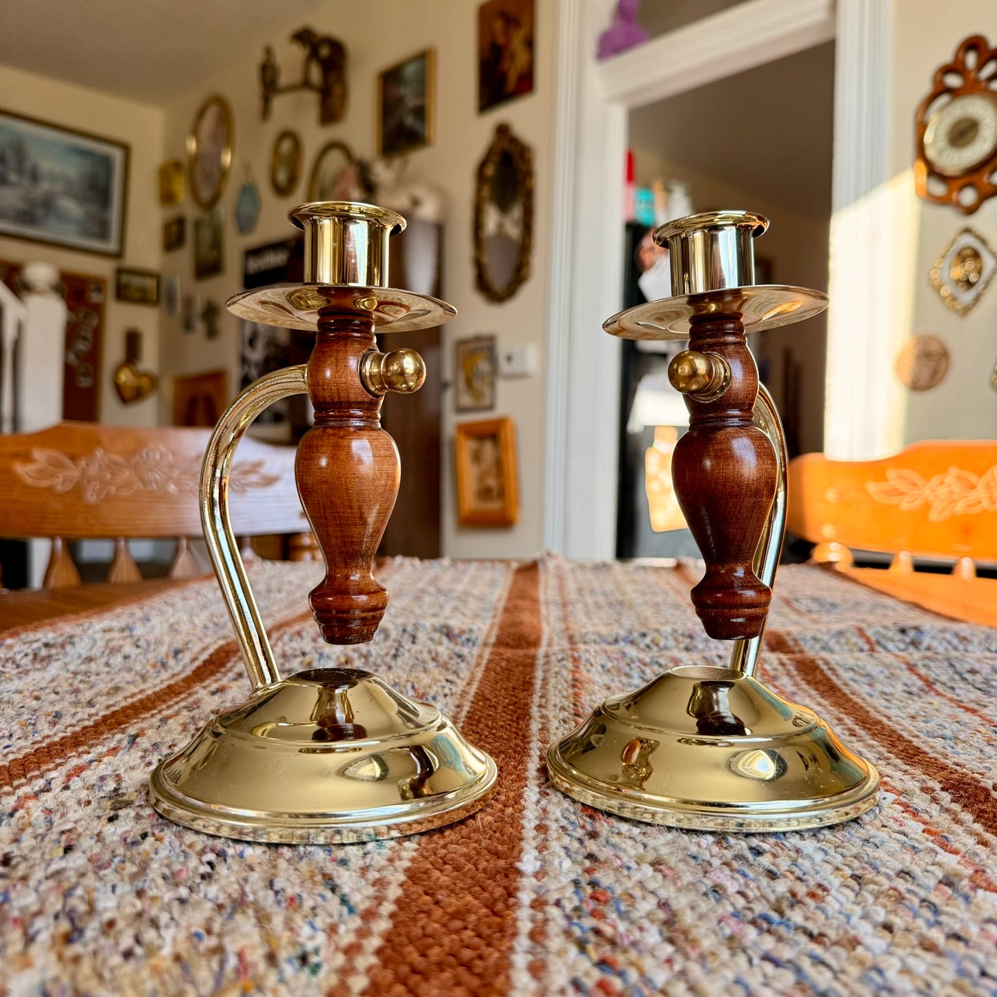 Set of Two Vintage Home Interiors Lady Gimble Wood and Brass Candlestick Holders