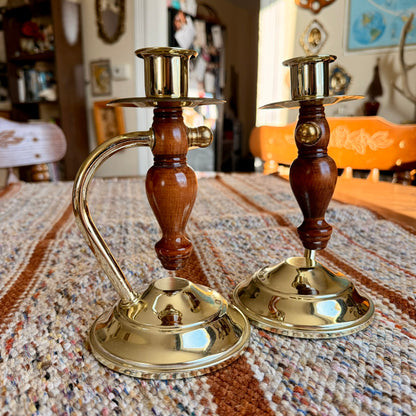 Set of Two Vintage Home Interiors Lady Gimble Wood and Brass Candlestick Holders