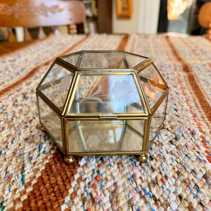 Vintage Floral Etched Glass Brass Mirrored Vanity Trinket / Jewelry Box