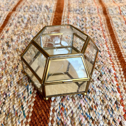 Vintage Floral Etched Glass Brass Mirrored Vanity Trinket / Jewelry Box