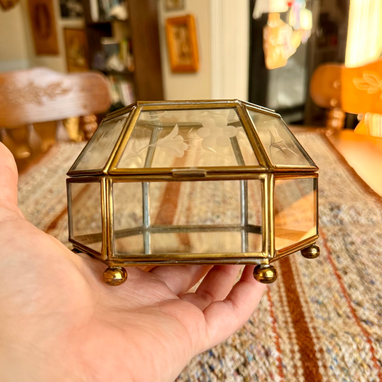 Vintage Floral Etched Glass Brass Mirrored Vanity Trinket / Jewelry Box
