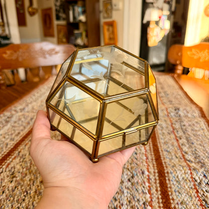 Vintage Floral Etched Glass Brass Mirrored Vanity Trinket / Jewelry Box