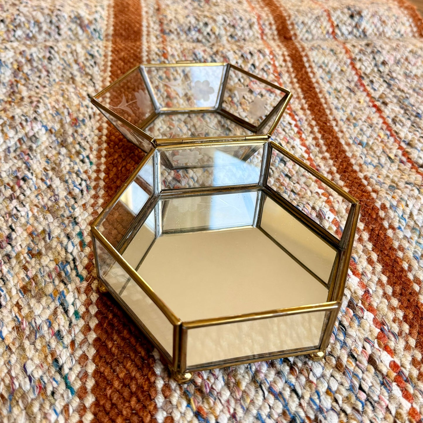 Vintage Floral Etched Glass Brass Mirrored Vanity Trinket / Jewelry Box