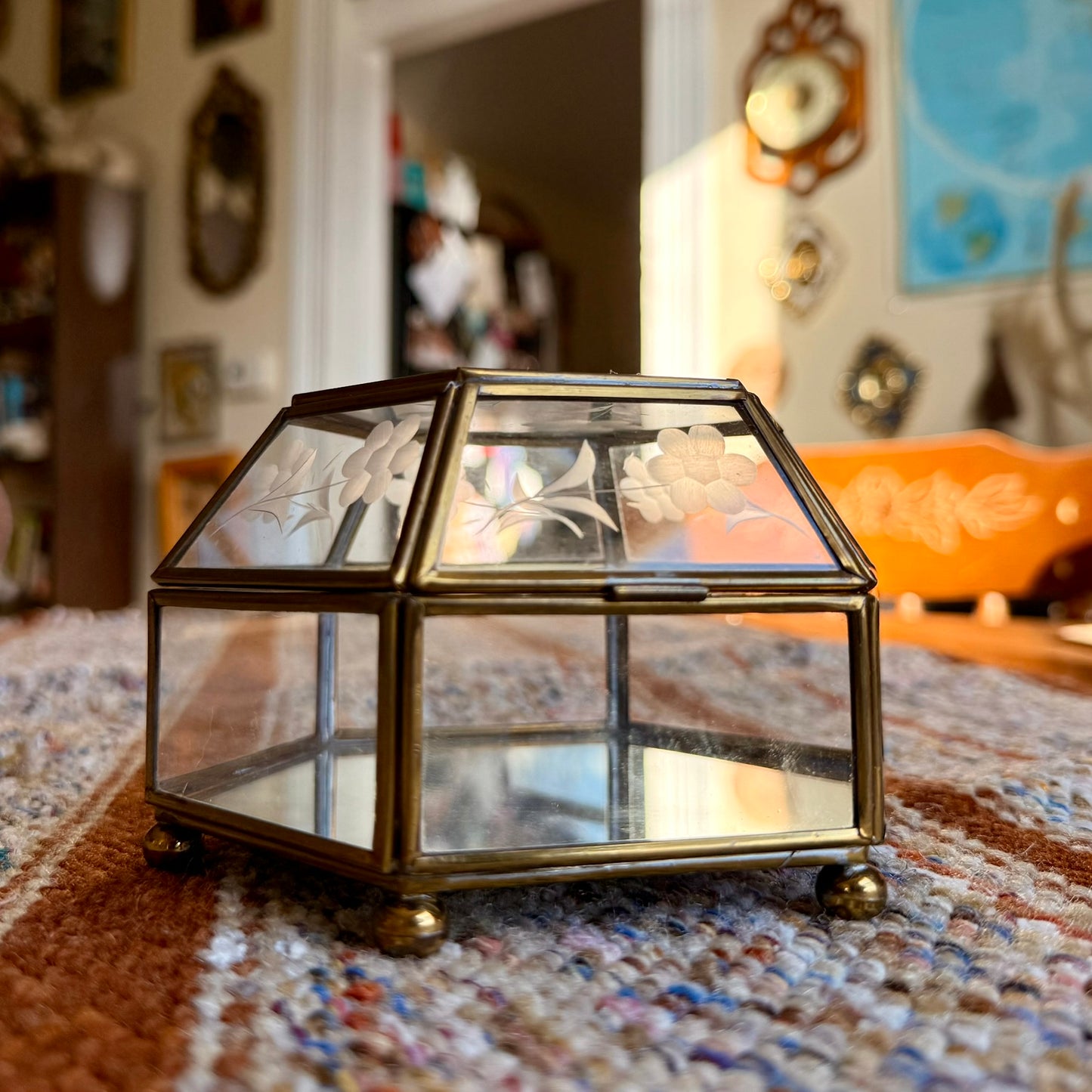 Vintage Floral Etched Glass Brass Mirrored Vanity Trinket / Jewelry Box