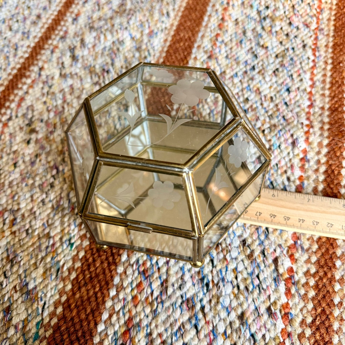 Vintage Floral Etched Glass Brass Mirrored Vanity Trinket / Jewelry Box