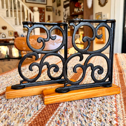 Set of 2 Heavy Vintage Ornate Cast Iron and Wood Wall Brackets / Bookends