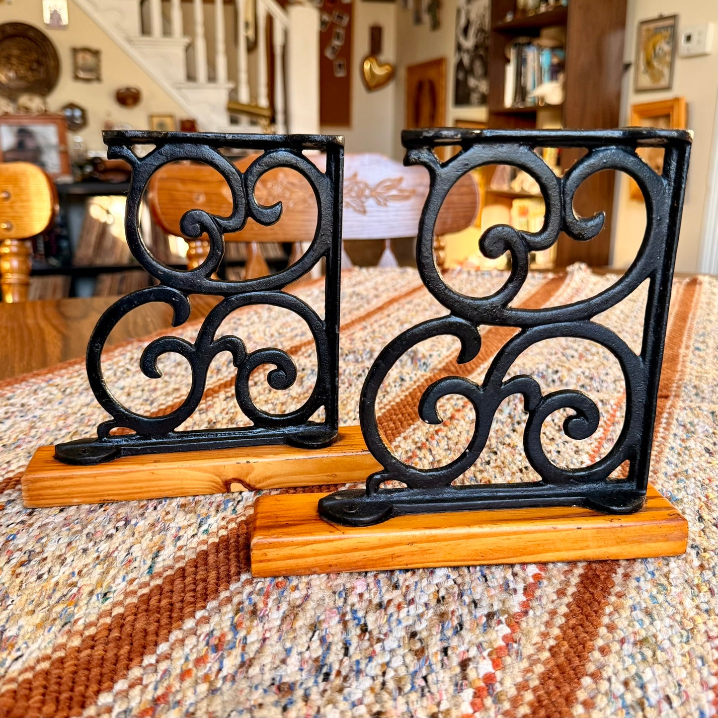 Set of 2 Heavy Vintage Ornate Cast Iron and Wood Wall Brackets / Bookends