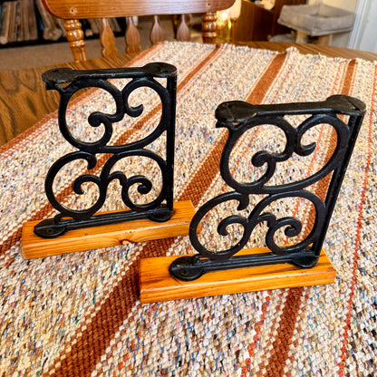 Set of 2 Heavy Vintage Ornate Cast Iron and Wood Wall Brackets / Bookends