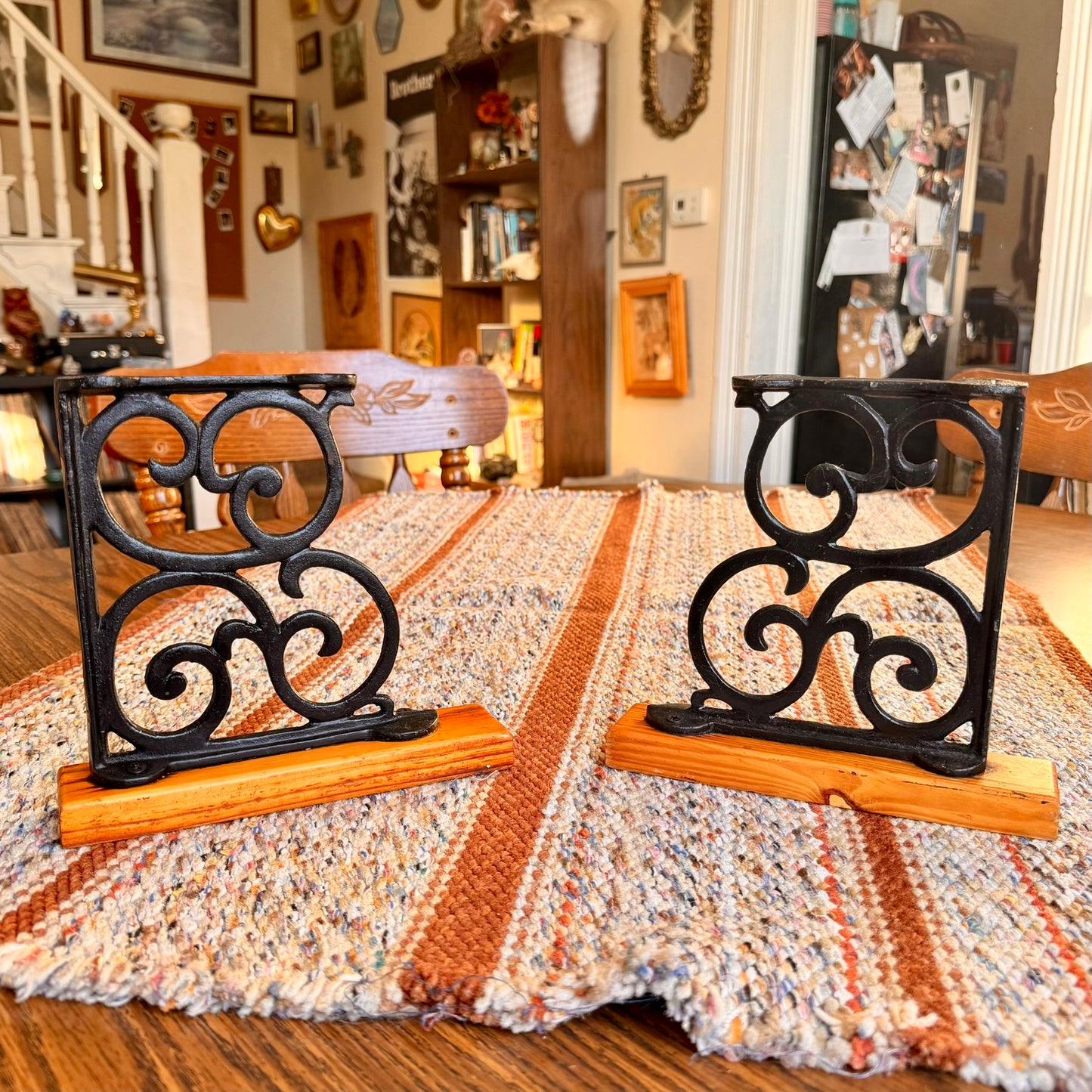 Set of 2 Heavy Vintage Ornate Cast Iron and Wood Wall Brackets / Bookends