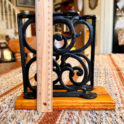 Set of 2 Heavy Vintage Ornate Cast Iron and Wood Wall Brackets / Bookends