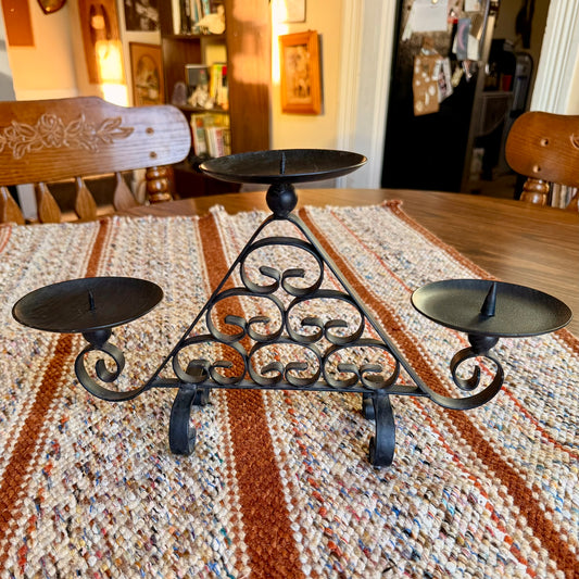 Vintage Wrought Iron Spanish Scroll Style 2 Tier 3 Pillar Candelabra