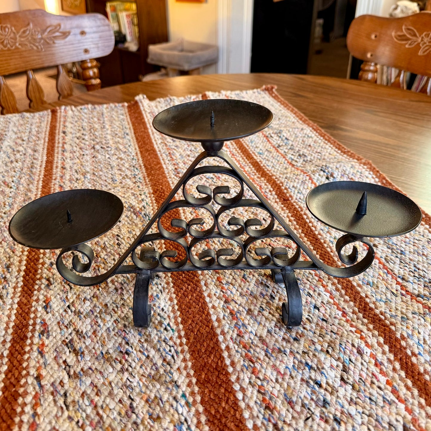 Vintage Wrought Iron Spanish Scroll Style 2 Tier 3 Pillar Candelabra