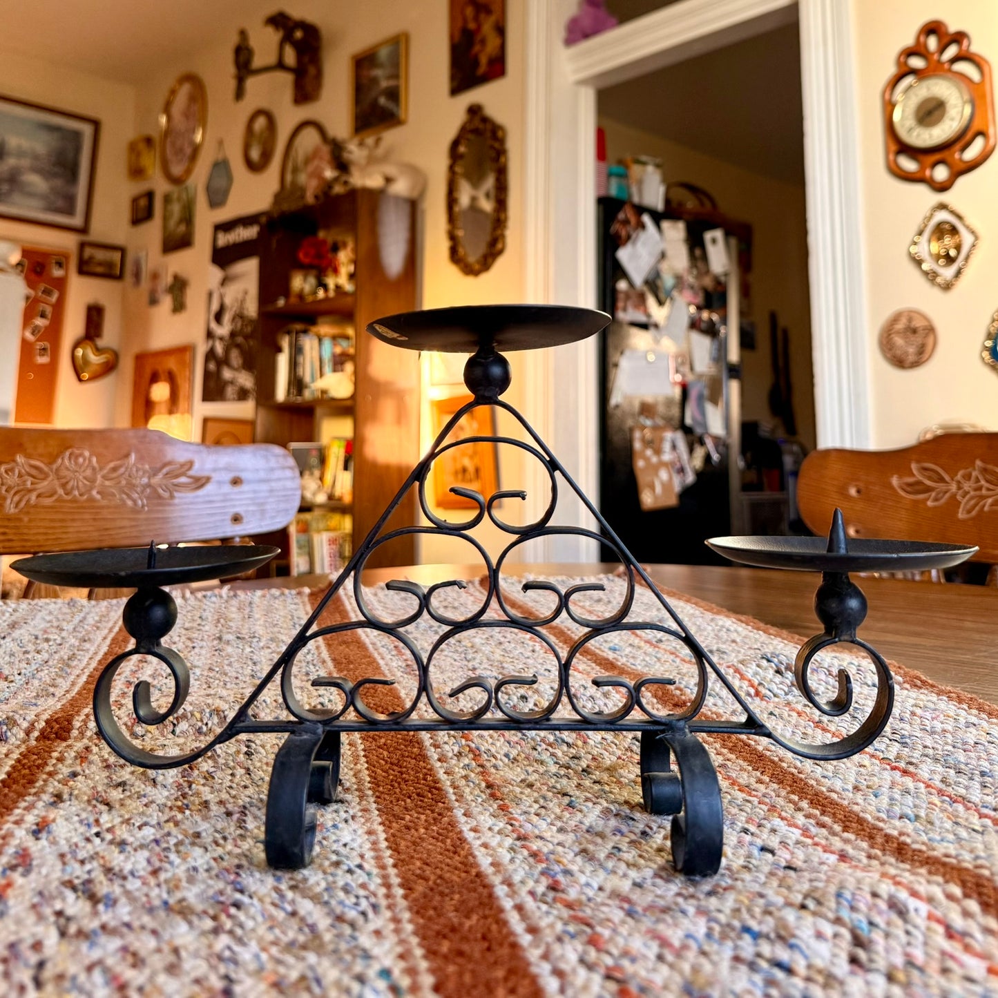 Vintage Wrought Iron Spanish Scroll Style 2 Tier 3 Pillar Candelabra