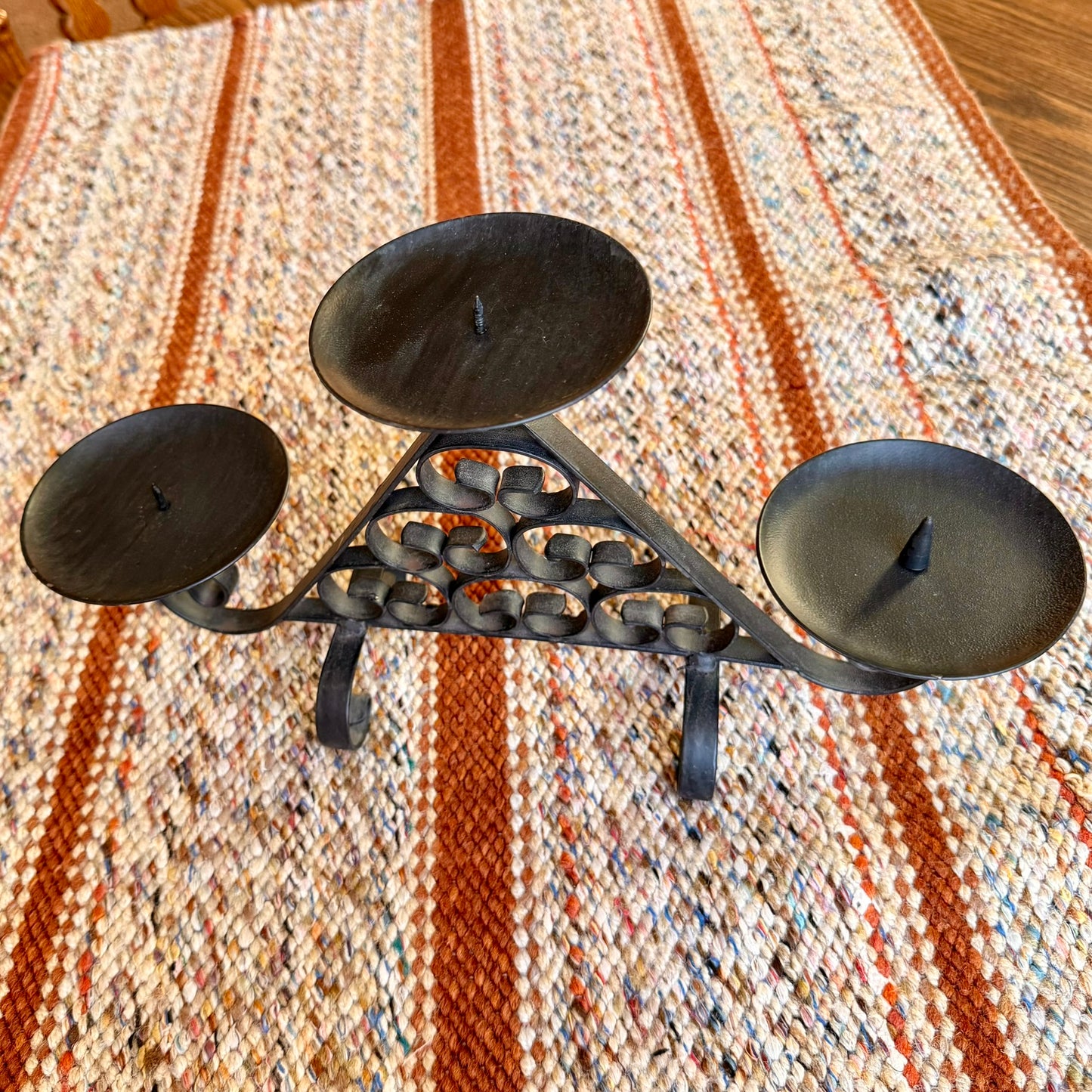 Vintage Wrought Iron Spanish Scroll Style 2 Tier 3 Pillar Candelabra