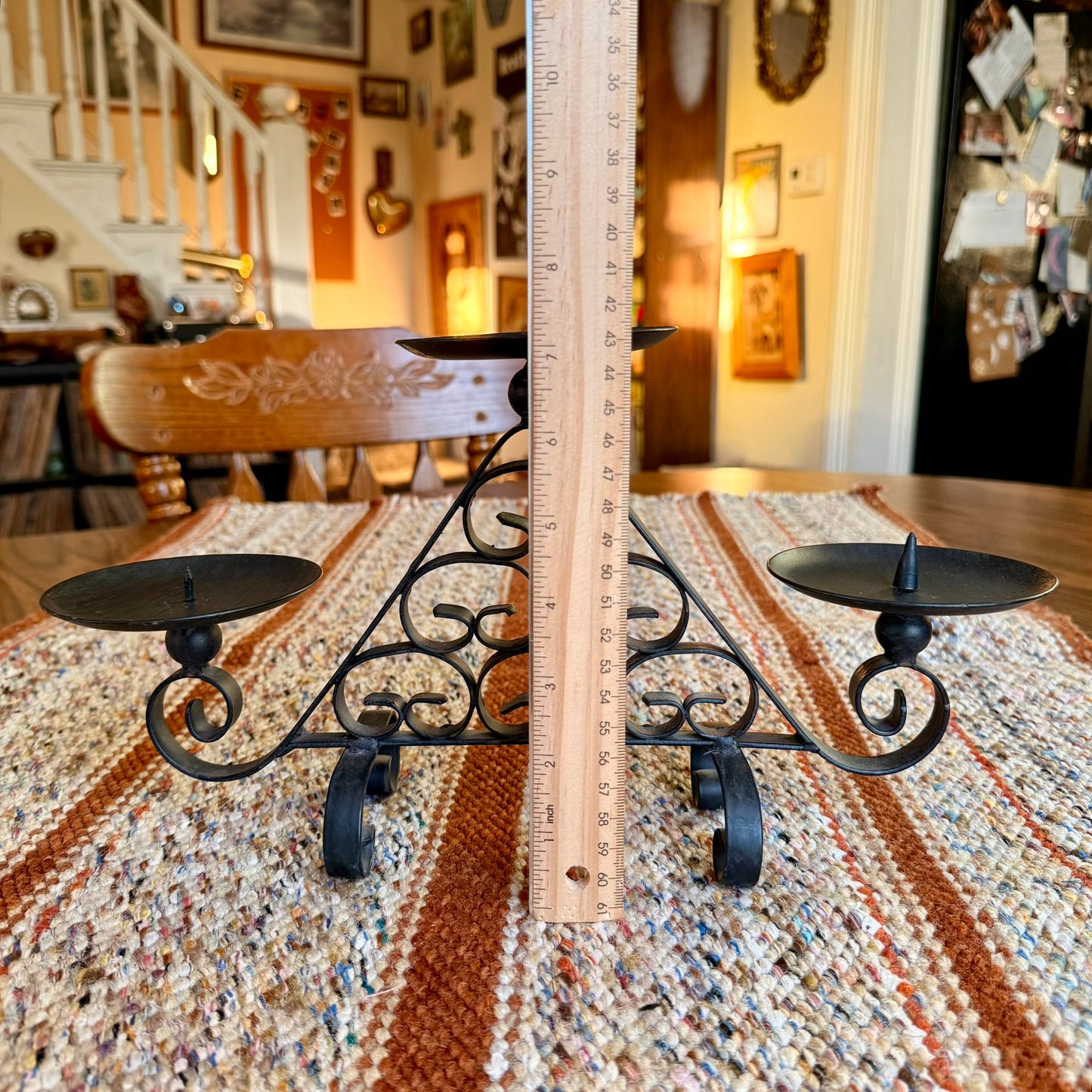 Vintage Wrought Iron Spanish Scroll Style 2 Tier 3 Pillar Candelabra