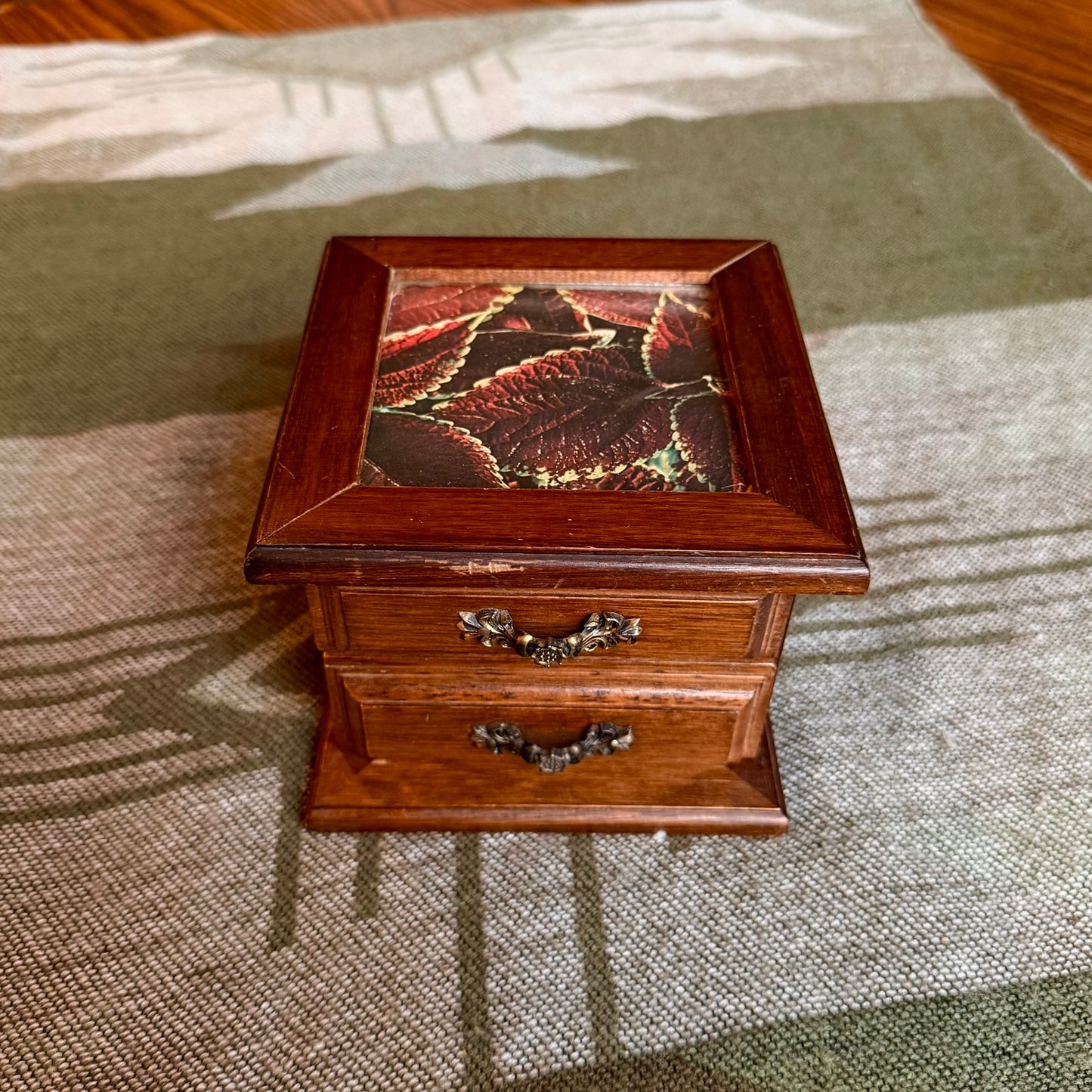 Vintage Wooden two Drawer Jewelry Box with Glass Top Window