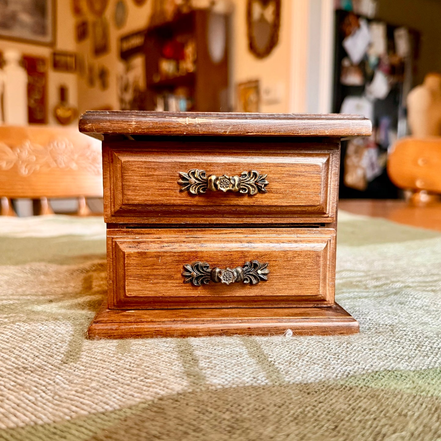 Vintage Wooden two Drawer Jewelry Box with Glass Top Window