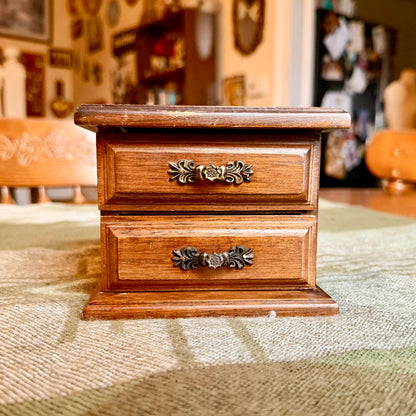 Vintage Wooden two Drawer Jewelry Box with Glass Top Window