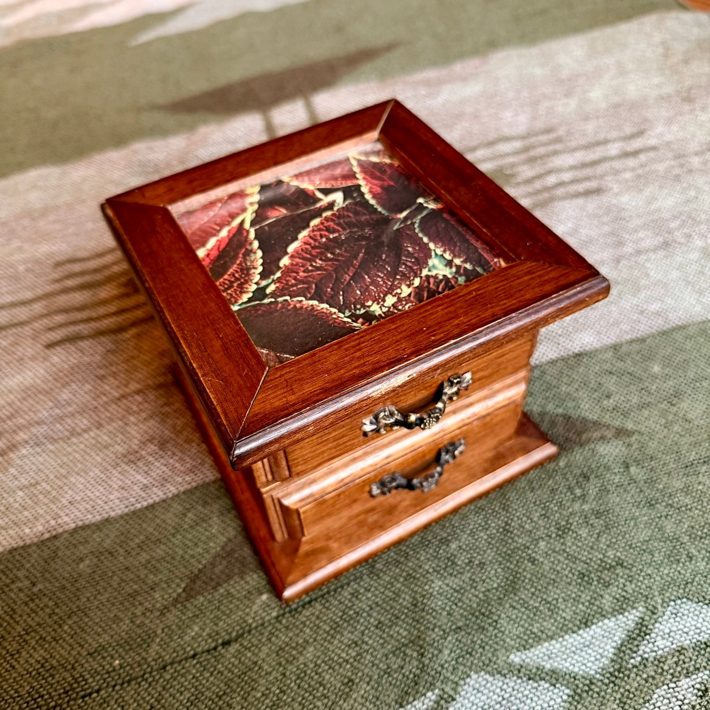Vintage Wooden two Drawer Jewelry Box with Glass Top Window
