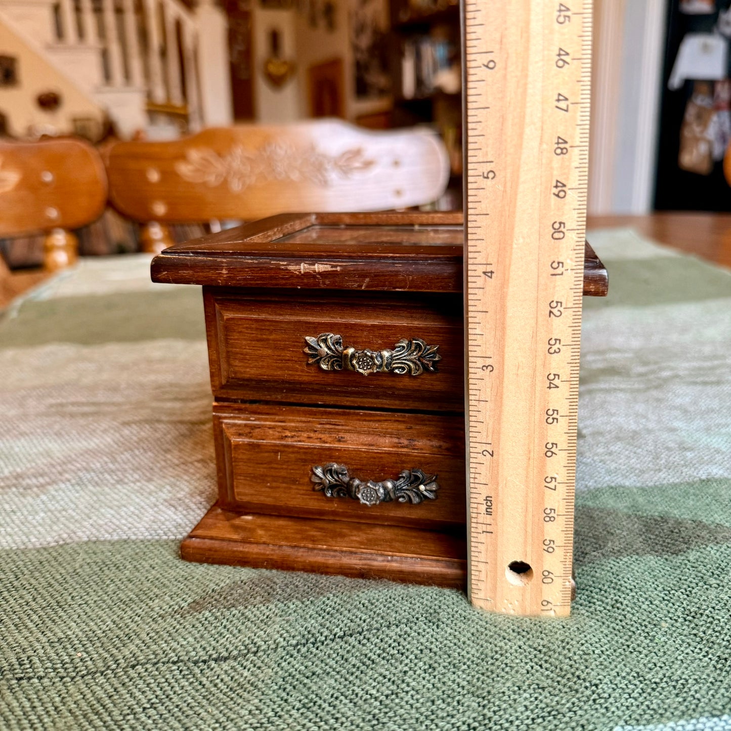 Vintage Wooden two Drawer Jewelry Box with Glass Top Window