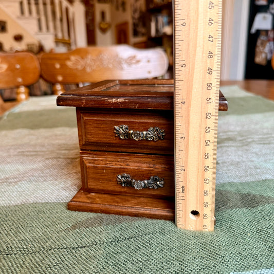 Vintage Wooden two Drawer Jewelry Box with Glass Top Window