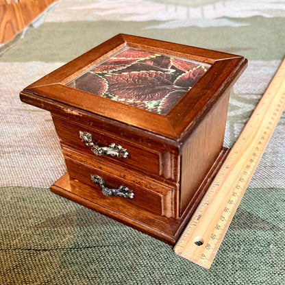 Vintage Wooden two Drawer Jewelry Box with Glass Top Window