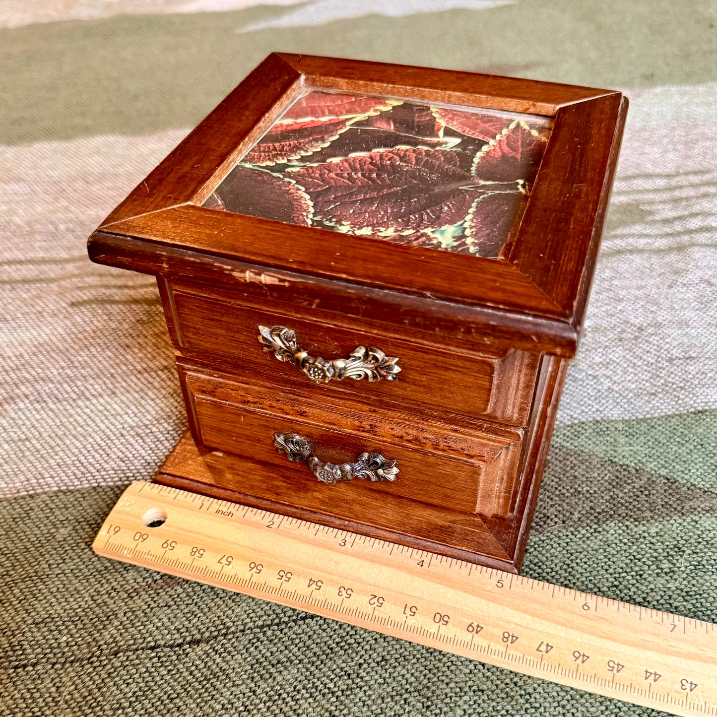 Vintage Wooden two Drawer Jewelry Box with Glass Top Window