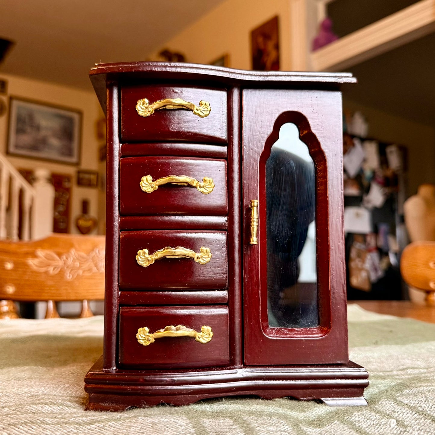 Vintage Wooden Armoire Style Jewelry Box - 4 Drawers and Door with Necklace Hooks