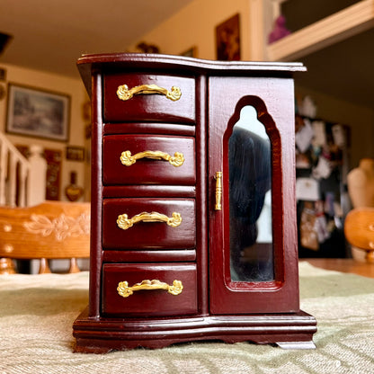 Vintage Wooden Armoire Style Jewelry Box - 4 Drawers and Door with Necklace Hooks