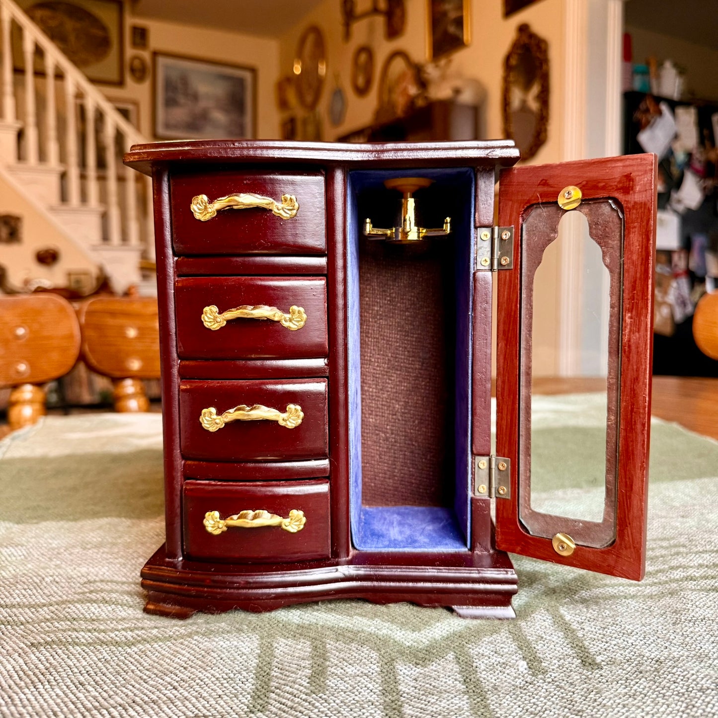 Vintage Wooden Armoire Style Jewelry Box - 4 Drawers and Door with Necklace Hooks