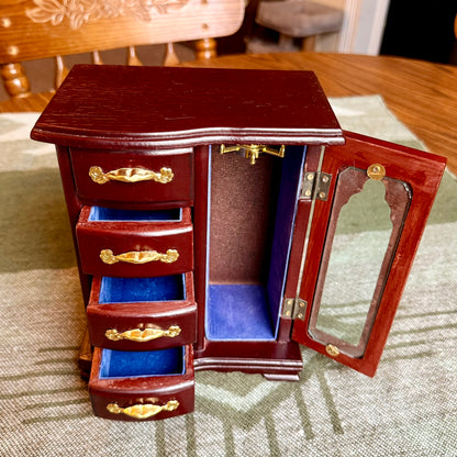 Vintage Wooden Armoire Style Jewelry Box - 4 Drawers and Door with Necklace Hooks