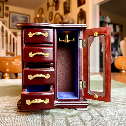 Vintage Wooden Armoire Style Jewelry Box - 4 Drawers and Door with Necklace Hooks