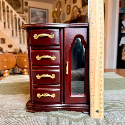 Vintage Wooden Armoire Style Jewelry Box - 4 Drawers and Door with Necklace Hooks