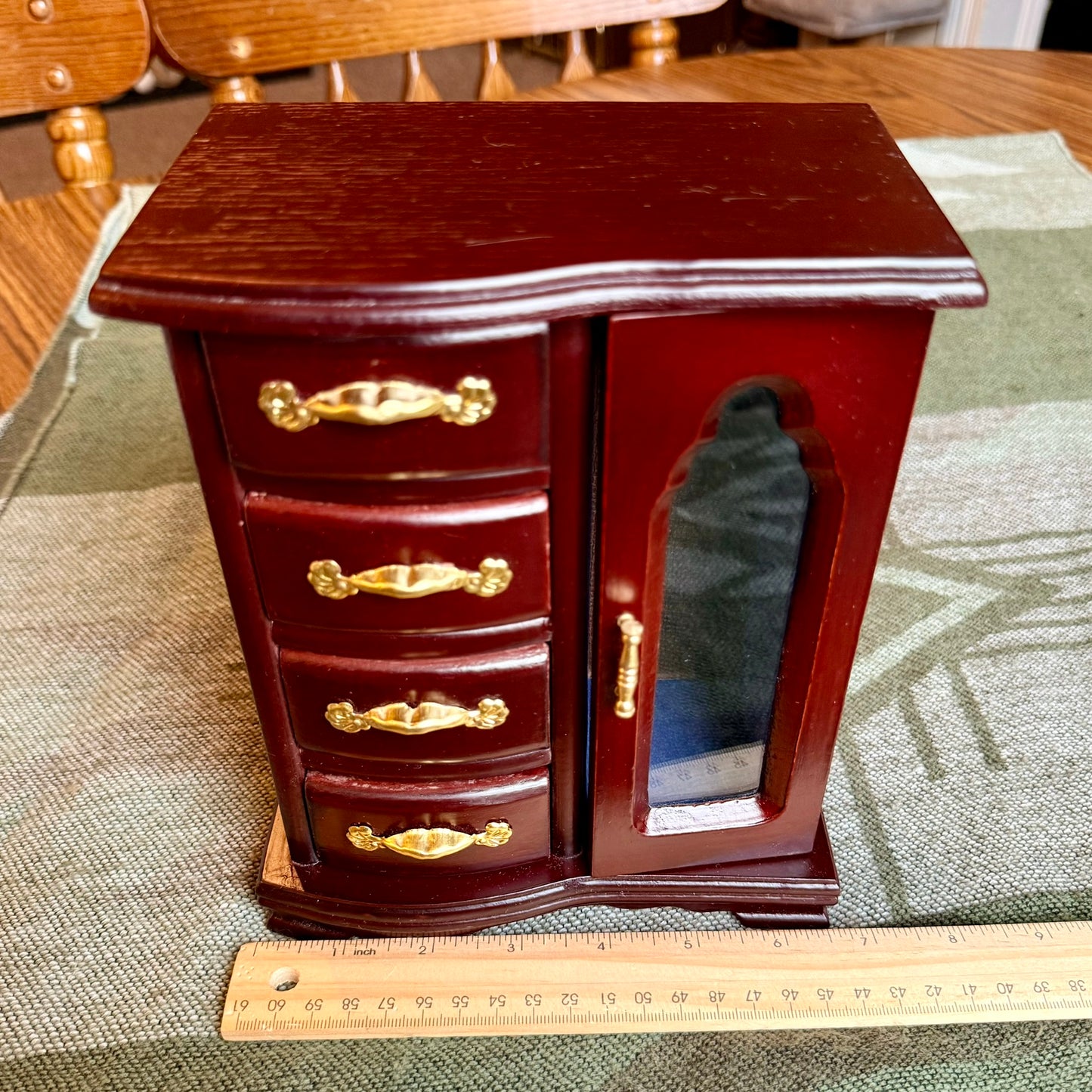 Vintage Wooden Armoire Style Jewelry Box - 4 Drawers and Door with Necklace Hooks