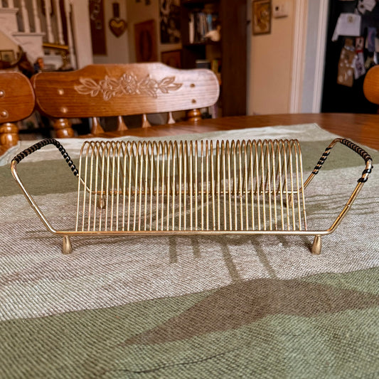 Vintage Mid-Century Modern Golden Metal Wire Vinyl Record Storage Rack