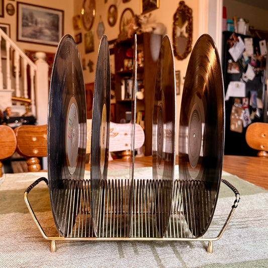 Vintage Mid-Century Modern Golden Metal Wire Vinyl Record Storage Rack